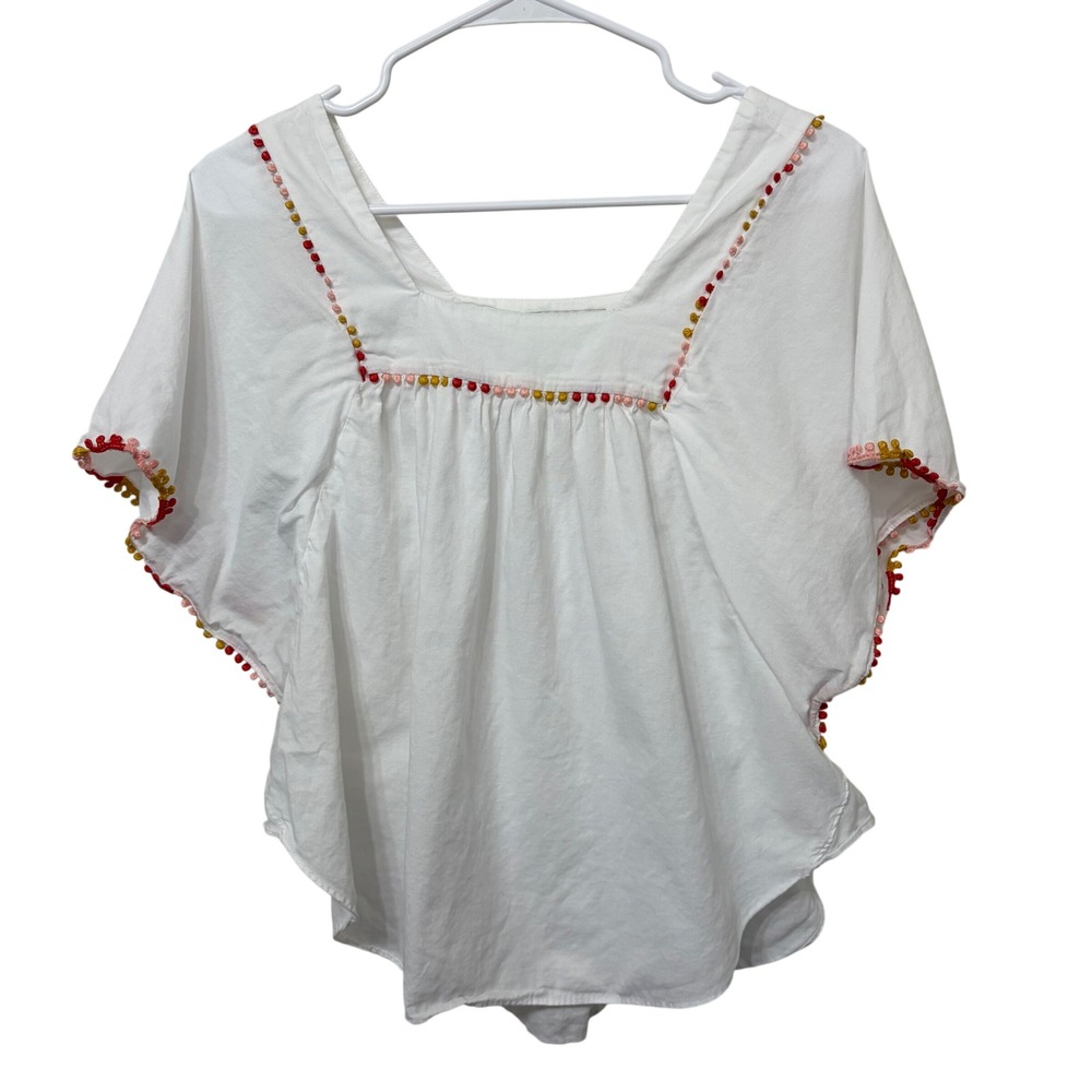 Madewell‎ Womens XS White Cotton Pom-Pom Trim Butterfly Sleeve Square Neck Top